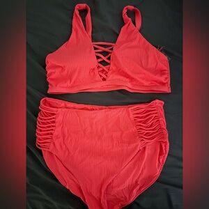High waisted fluorescent orange bikini